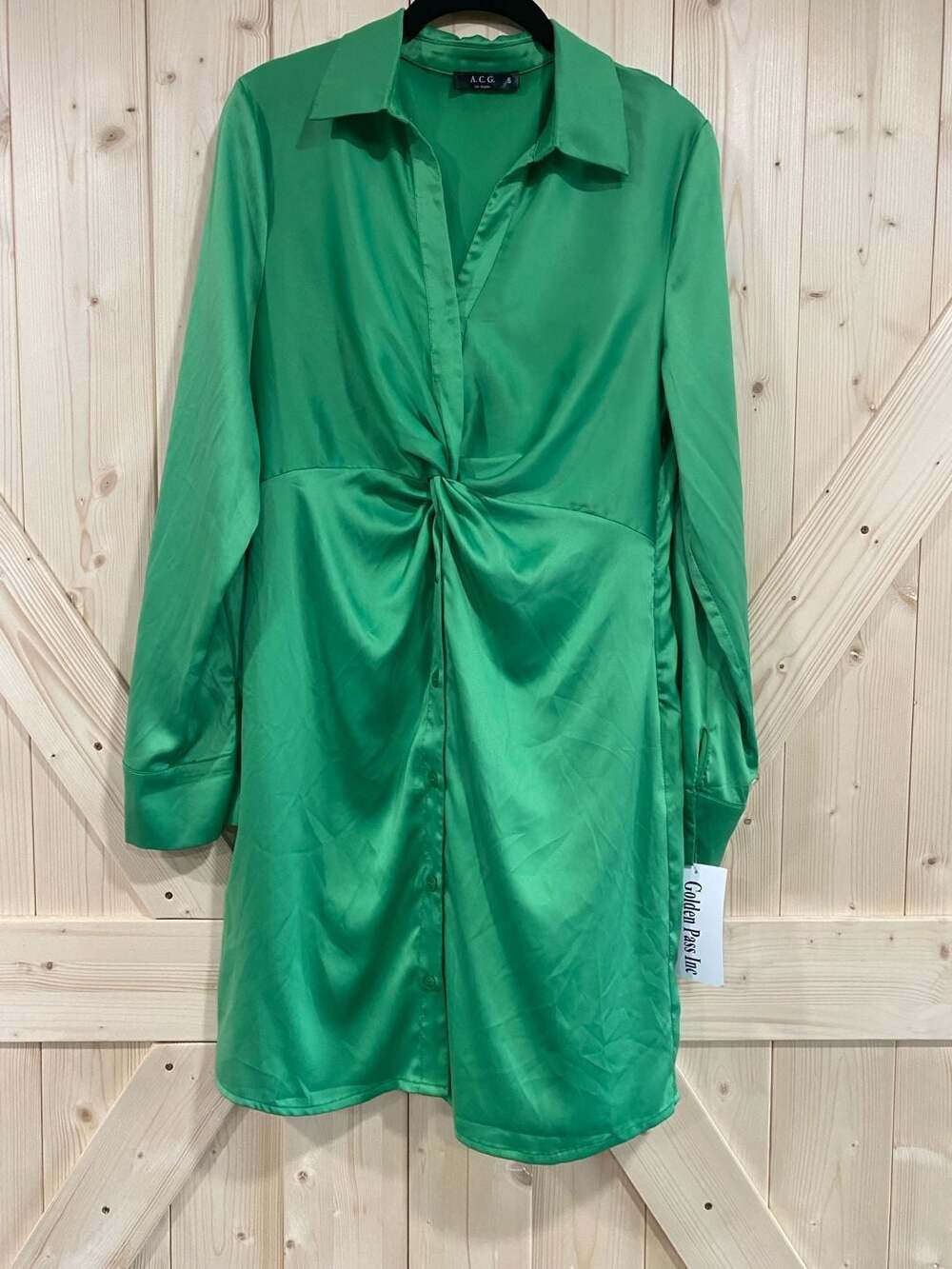 A.C.G. Los Angeles Green Satin Twist Detail Long Sleeve Shirt Dress Size S